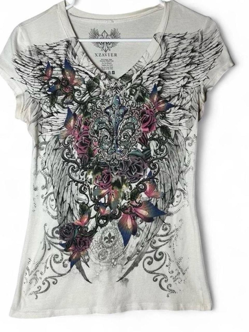 Y2K Xzavier White Graphic V-Neck Tee Affliction Style